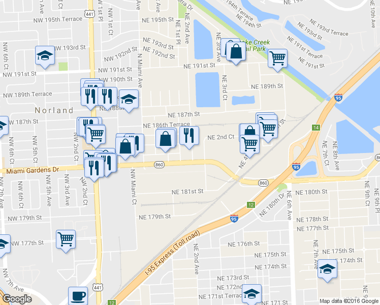 map of restaurants, bars, coffee shops, grocery stores, and more near 18330 Northeast 2nd Avenue in Miami