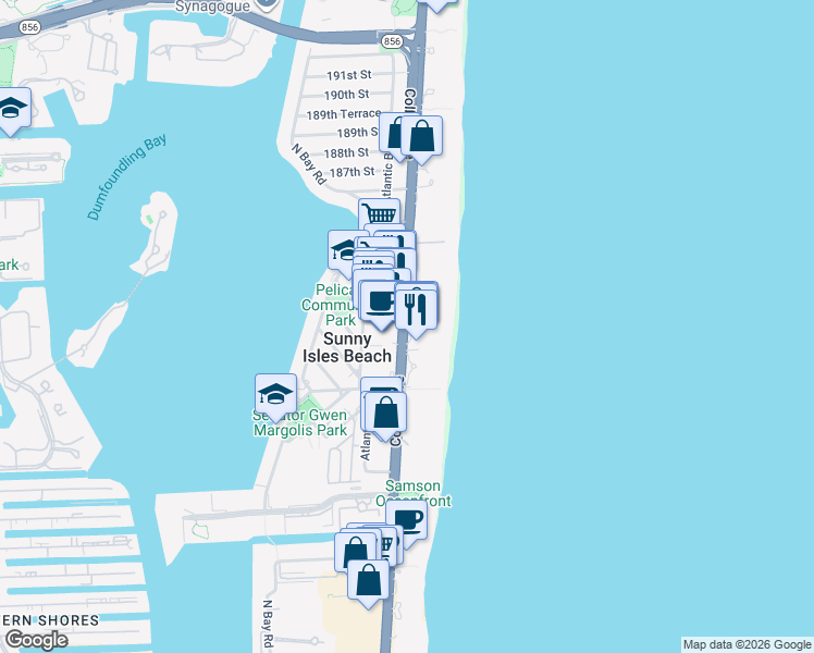 map of restaurants, bars, coffee shops, grocery stores, and more near 18108 Collins Avenue in North Miami Beach