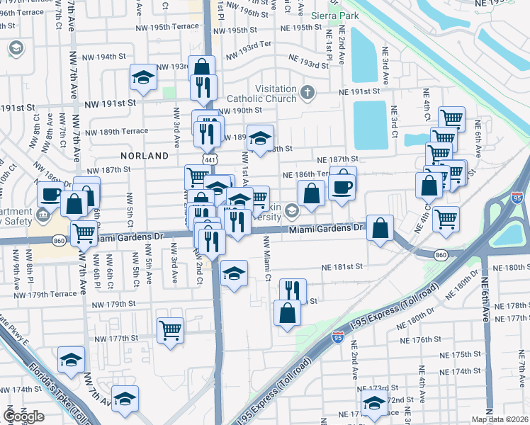 map of restaurants, bars, coffee shops, grocery stores, and more near 50 Northwest 184th Terrace in Miami
