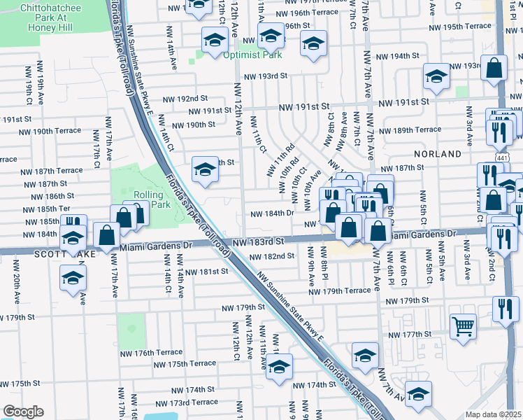 map of restaurants, bars, coffee shops, grocery stores, and more near 1120 Northwest 185th Terrace in Miami