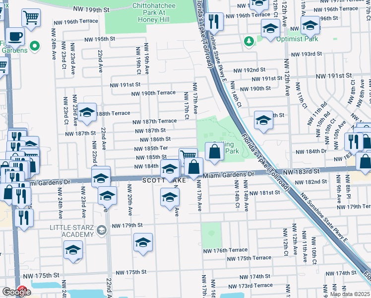 map of restaurants, bars, coffee shops, grocery stores, and more near 1745 Northwest 185th Terrace in Miami Gardens