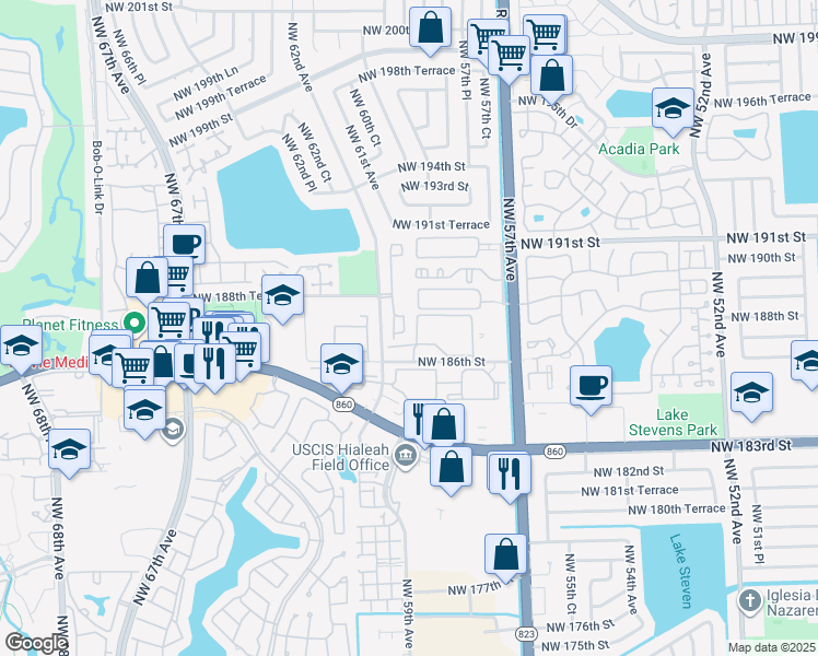 map of restaurants, bars, coffee shops, grocery stores, and more near 18785 Northwest 62nd Avenue in Hialeah