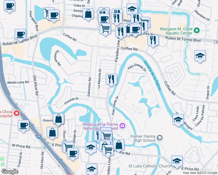 map of restaurants, bars, coffee shops, grocery stores, and more near 1444 Paredes Line Road in Brownsville