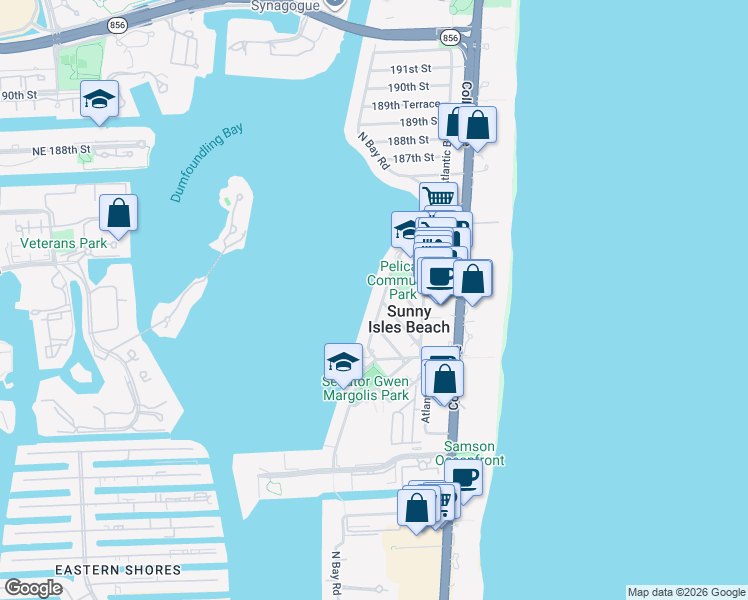 map of restaurants, bars, coffee shops, grocery stores, and more near 18000 North Bay Road in Sunny Isles Beach