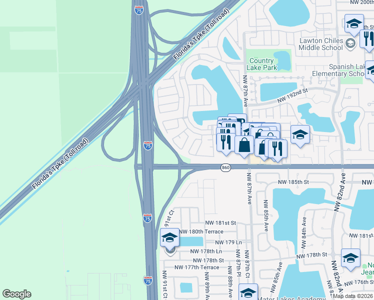map of restaurants, bars, coffee shops, grocery stores, and more near 18801 Northwest 89th Place in Hialeah