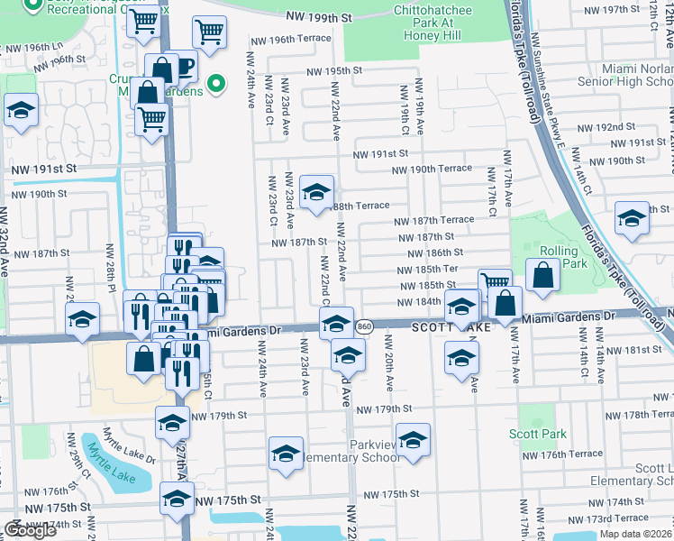 map of restaurants, bars, coffee shops, grocery stores, and more near 18545 Northwest 22nd Court in Miami Gardens