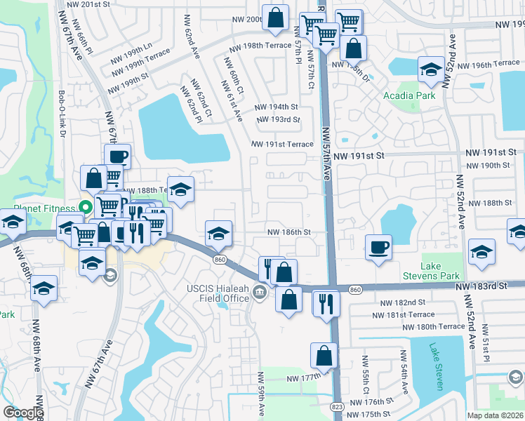 map of restaurants, bars, coffee shops, grocery stores, and more near 18785 Northwest 62nd Avenue in Hialeah