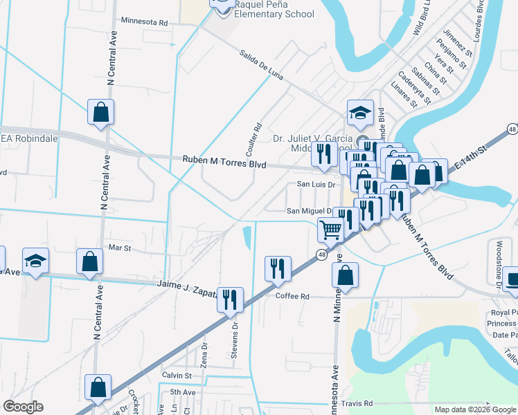 map of restaurants, bars, coffee shops, grocery stores, and more near 288 San Luis Drive in Brownsville