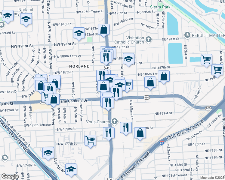 map of restaurants, bars, coffee shops, grocery stores, and more near 18425 Northwest 2nd Avenue in Miami