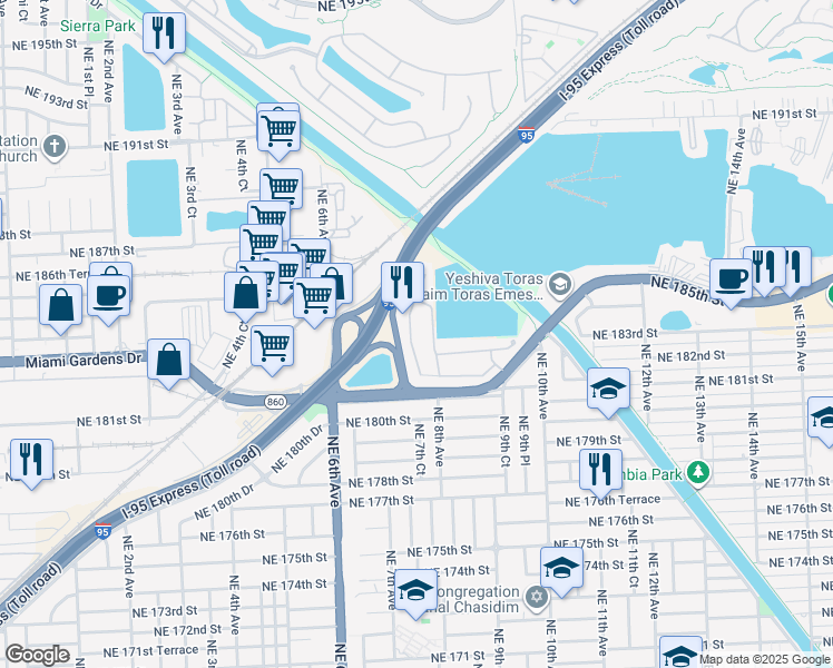 map of restaurants, bars, coffee shops, grocery stores, and more near 18361 Northeast 7th Court in North Miami Beach