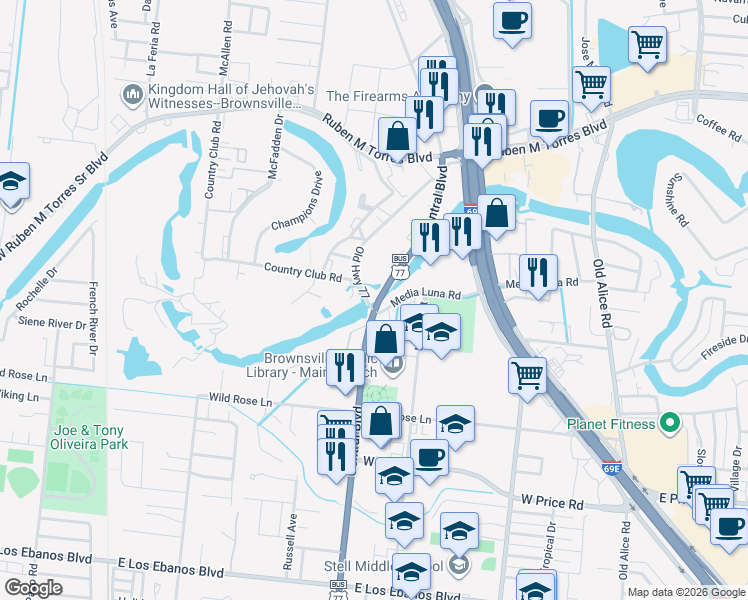 map of restaurants, bars, coffee shops, grocery stores, and more near 2901 Central Boulevard in Brownsville