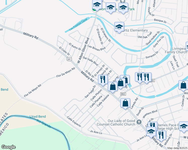 map of restaurants, bars, coffee shops, grocery stores, and more near 2162 El Arroyo Street in Brownsville