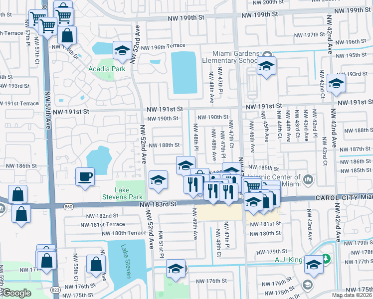 map of restaurants, bars, coffee shops, grocery stores, and more near in Miami Gardens