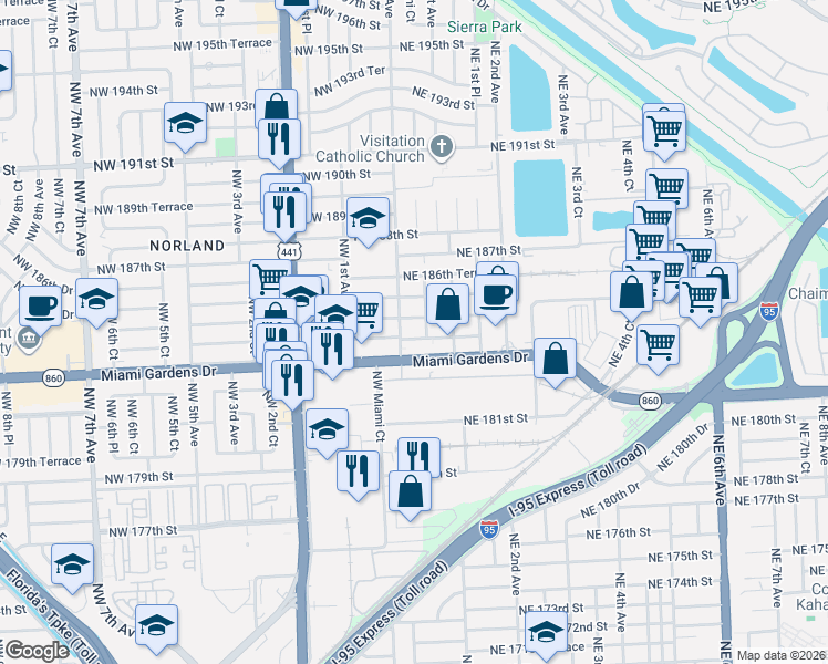 map of restaurants, bars, coffee shops, grocery stores, and more near 42 Northeast 184th Terrace in Miami