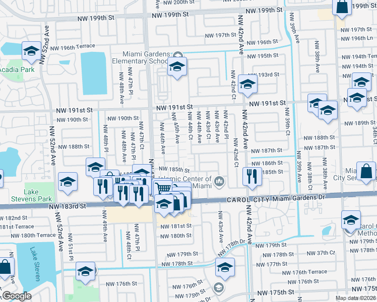map of restaurants, bars, coffee shops, grocery stores, and more near 4410 Northwest 187th Terrace in Miami Gardens