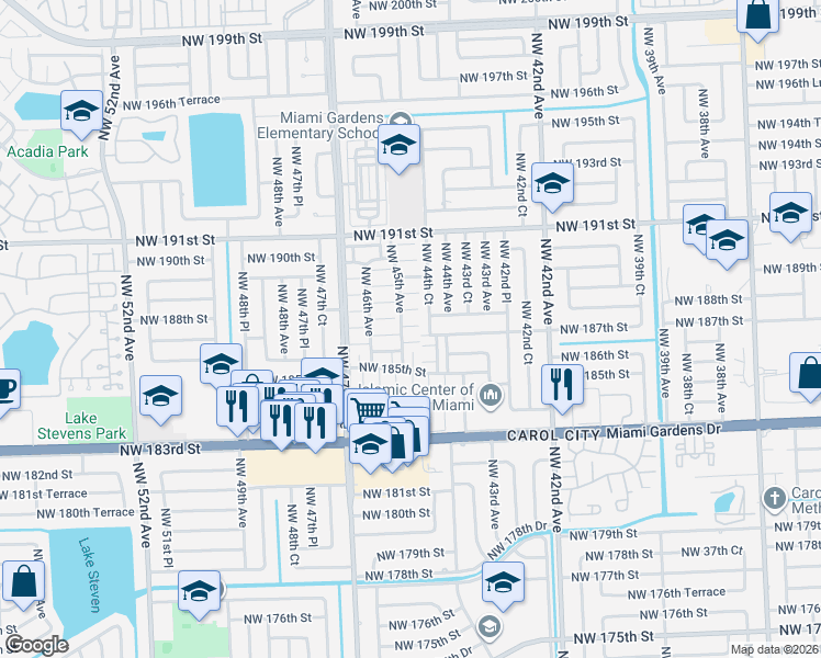 map of restaurants, bars, coffee shops, grocery stores, and more near 18717 Northwest 46th Avenue in Miami Gardens