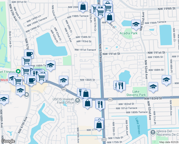 map of restaurants, bars, coffee shops, grocery stores, and more near 6135 Northwest 186th Street in Hialeah