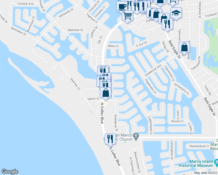 map of restaurants, bars, coffee shops, grocery stores, and more near 287 North Collier Boulevard in Marco Island