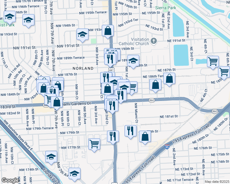 map of restaurants, bars, coffee shops, grocery stores, and more near 18425 Northwest 2nd Avenue in Miami
