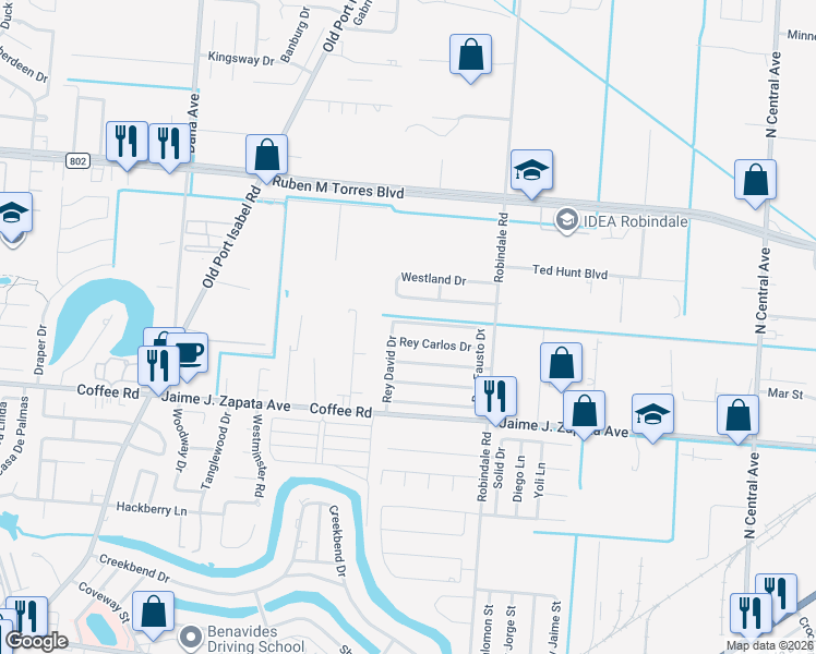 map of restaurants, bars, coffee shops, grocery stores, and more near 3768 Rey David Drive in Brownsville