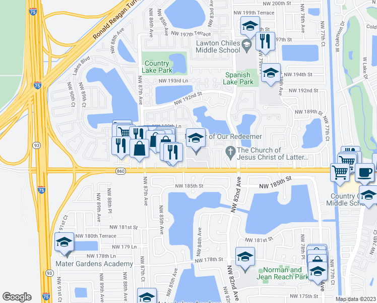 map of restaurants, bars, coffee shops, grocery stores, and more near 8445 Northwest 186th Street in Hialeah