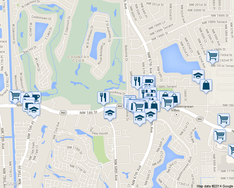 map of restaurants, bars, coffee shops, grocery stores, and more near 6771 Brookline Drive in Hialeah