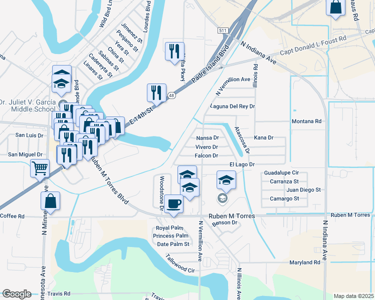 map of restaurants, bars, coffee shops, grocery stores, and more near 6812 Vivero Drive in Brownsville