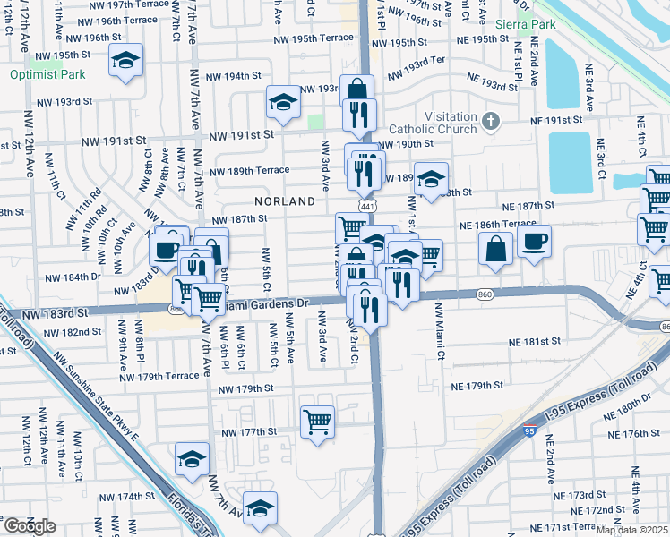 map of restaurants, bars, coffee shops, grocery stores, and more near 280 Northwest 184th Terrace in Miami
