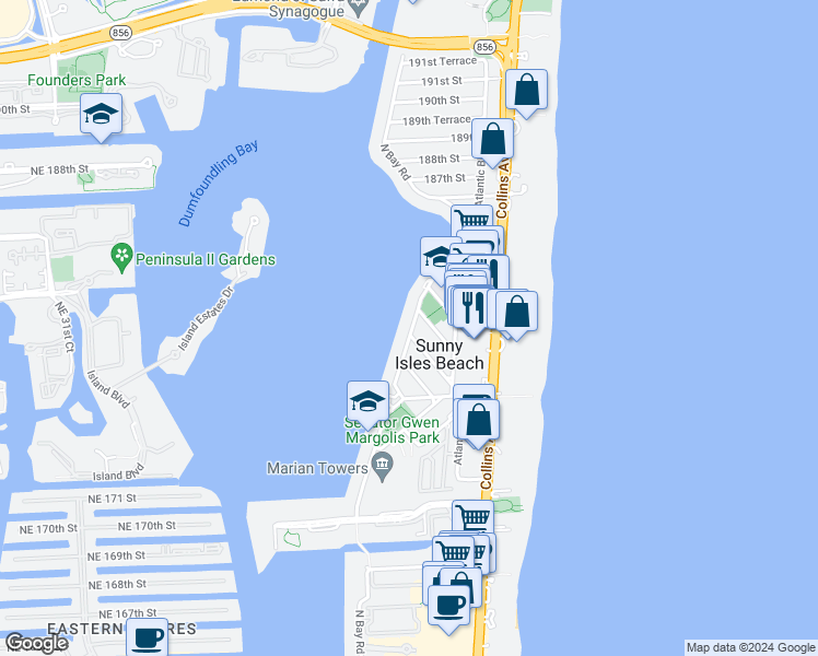 map of restaurants, bars, coffee shops, grocery stores, and more near 18100 North Bay Road in Sunny Isles Beach