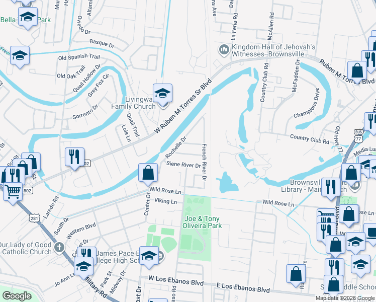 map of restaurants, bars, coffee shops, grocery stores, and more near 1003 Valley River in Brownsville