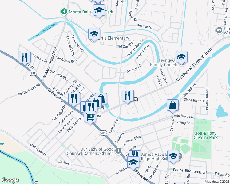 map of restaurants, bars, coffee shops, grocery stores, and more near 2151 Laredo Road in Brownsville
