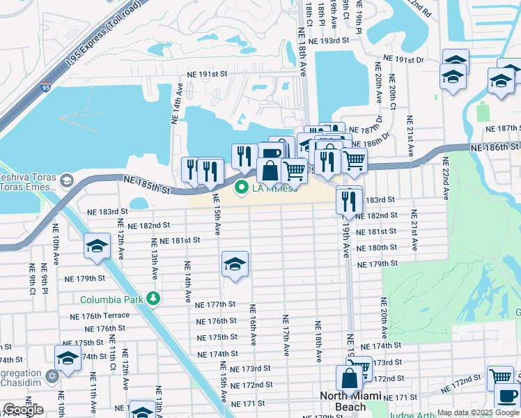 map of restaurants, bars, coffee shops, grocery stores, and more near 1666 Northeast 183rd Street in North Miami Beach