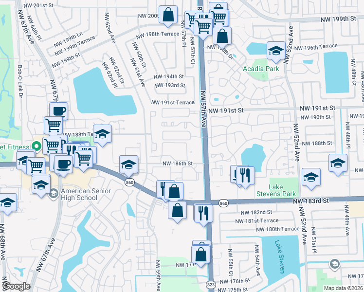 map of restaurants, bars, coffee shops, grocery stores, and more near 6135 Northwest 186th Street in Hialeah