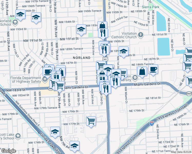 map of restaurants, bars, coffee shops, grocery stores, and more near 280 Northwest 184th Terrace in Miami