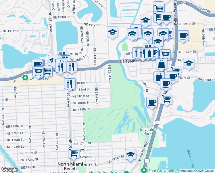 map of restaurants, bars, coffee shops, grocery stores, and more near 2179 Northeast 182nd Street in North Miami Beach