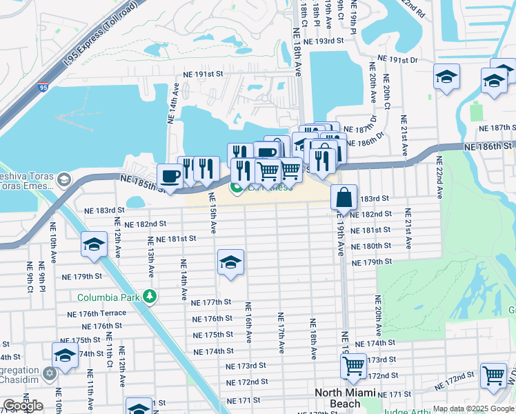 map of restaurants, bars, coffee shops, grocery stores, and more near 1666 Northeast 183rd Street in North Miami Beach