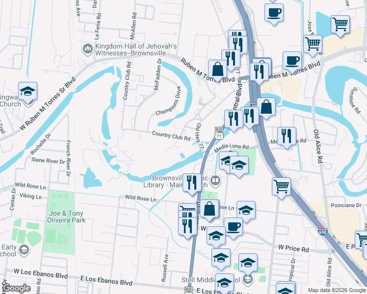 map of restaurants, bars, coffee shops, grocery stores, and more near 233 Country Club Road in Brownsville