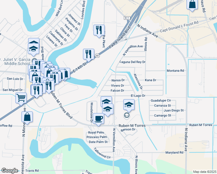 map of restaurants, bars, coffee shops, grocery stores, and more near 6812 Vivero Drive in Brownsville