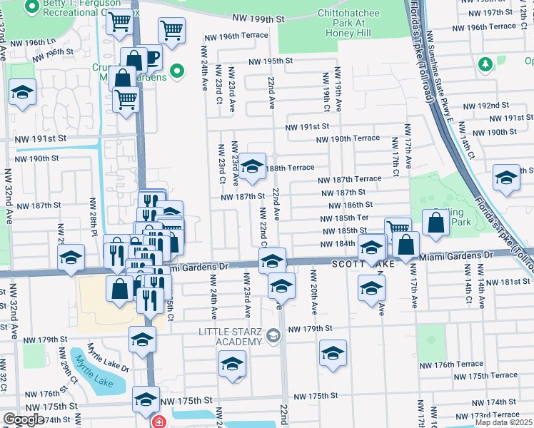 map of restaurants, bars, coffee shops, grocery stores, and more near 18545 Northwest 22nd Court in Miami Gardens
