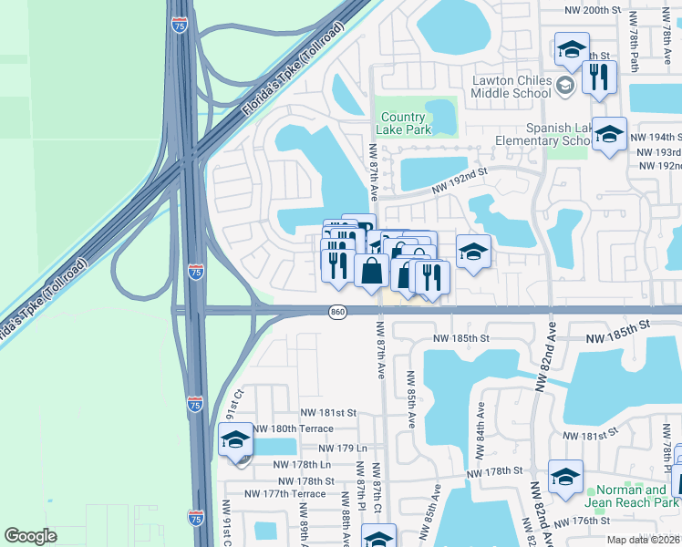 map of restaurants, bars, coffee shops, grocery stores, and more near 18600 Northwest 87th Avenue in Hialeah