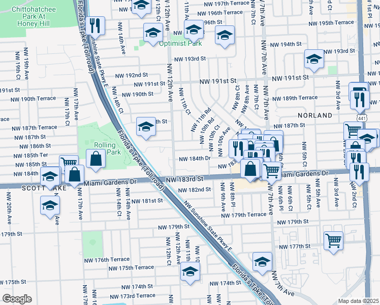 map of restaurants, bars, coffee shops, grocery stores, and more near 1120 Northwest 185th Terrace in Miami
