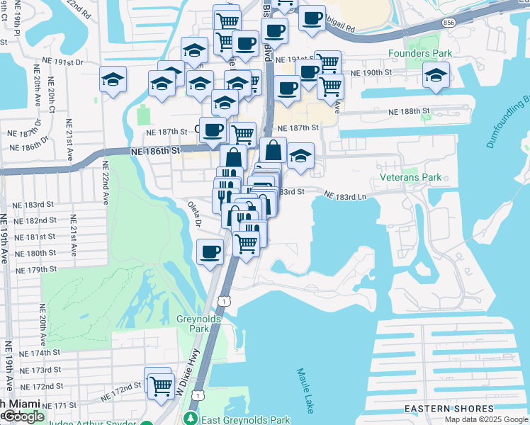 map of restaurants, bars, coffee shops, grocery stores, and more near 18205 Biscayne Boulevard in Aventura