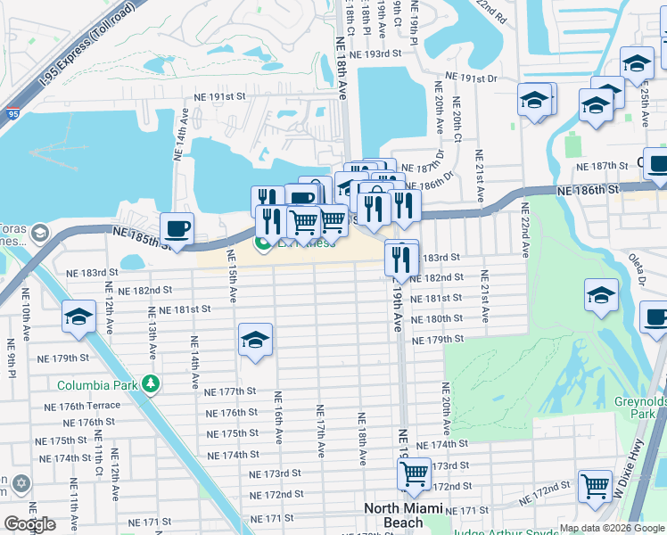 map of restaurants, bars, coffee shops, grocery stores, and more near 1744 Northeast 183rd Street in North Miami Beach