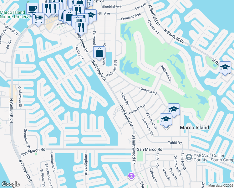 map of restaurants, bars, coffee shops, grocery stores, and more near 275 Bald Eagle Drive in Marco Island