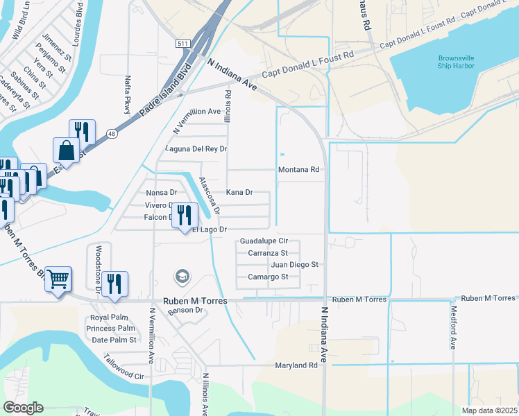 map of restaurants, bars, coffee shops, grocery stores, and more near 7076 Cerro De Oro Drive in Brownsville
