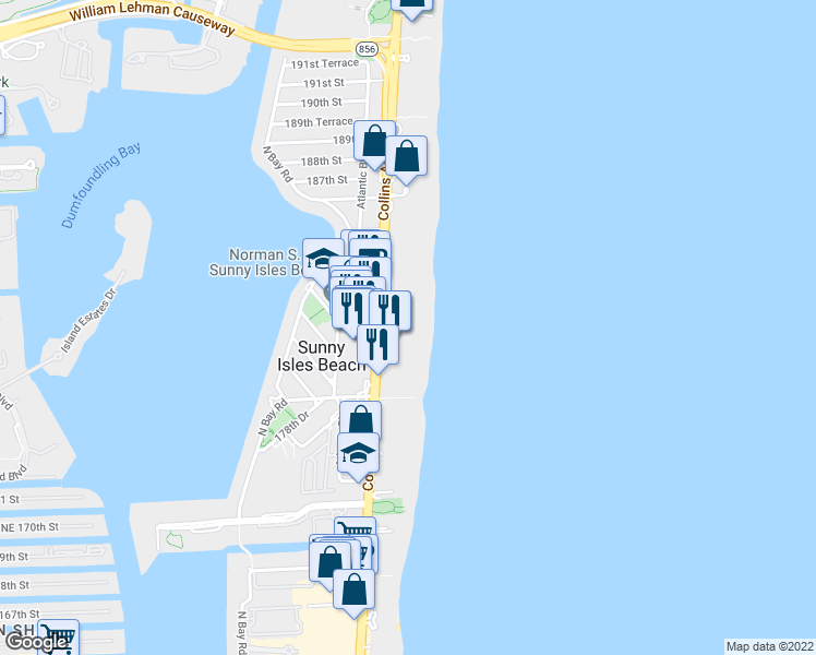map of restaurants, bars, coffee shops, grocery stores, and more near 18101 Collins Avenue in Sunny Isles Beach