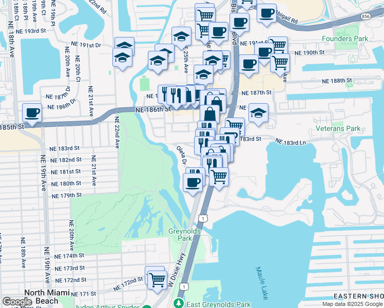 map of restaurants, bars, coffee shops, grocery stores, and more near 2507 Northeast 182nd Street in North Miami Beach