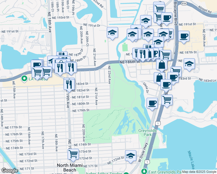 map of restaurants, bars, coffee shops, grocery stores, and more near 2179 Northeast 182nd Street in North Miami Beach