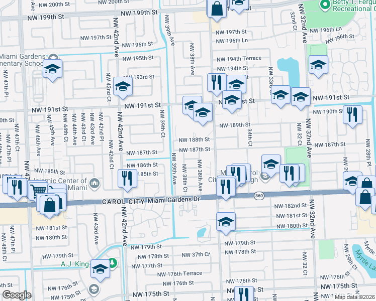 map of restaurants, bars, coffee shops, grocery stores, and more near 3821 Northwest 187th Street in Miami Gardens
