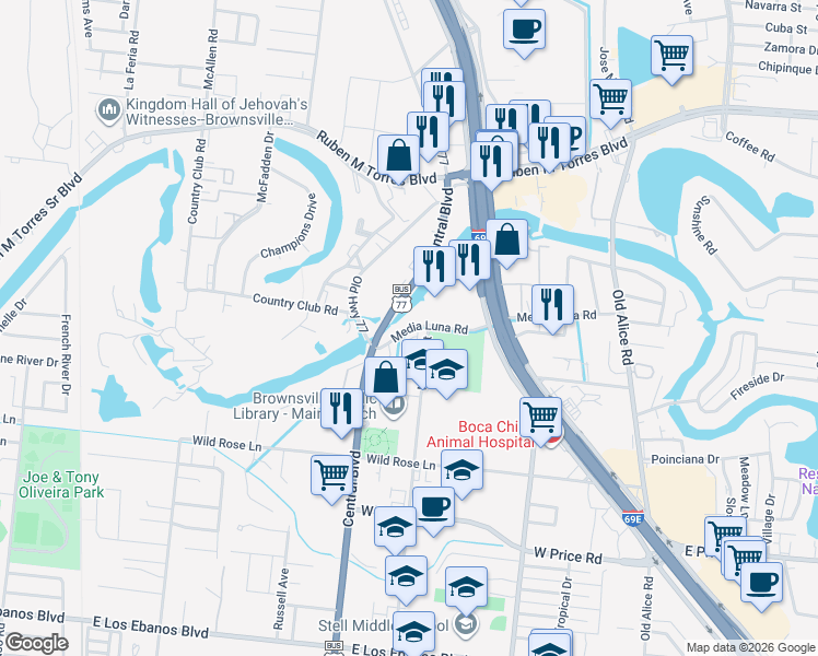 map of restaurants, bars, coffee shops, grocery stores, and more near in Brownsville